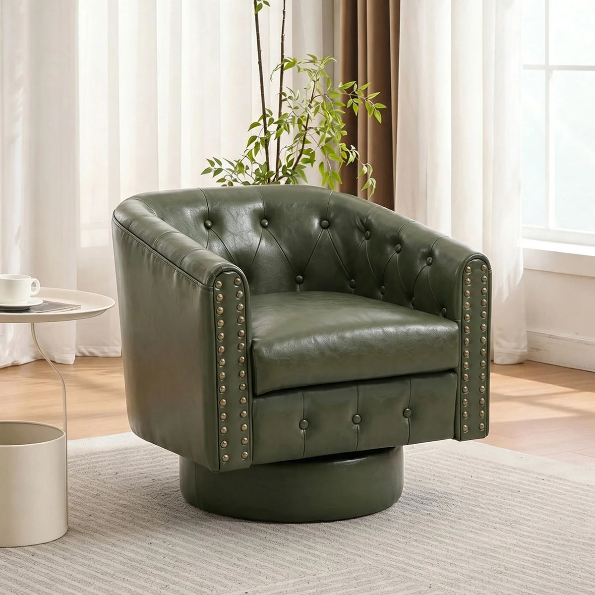 Swivel Barrel Accent Chair 360° Leather Lounge Armchair With Rivets, Curved Back Soft Cushion For Living Room Bedroom Office Use
