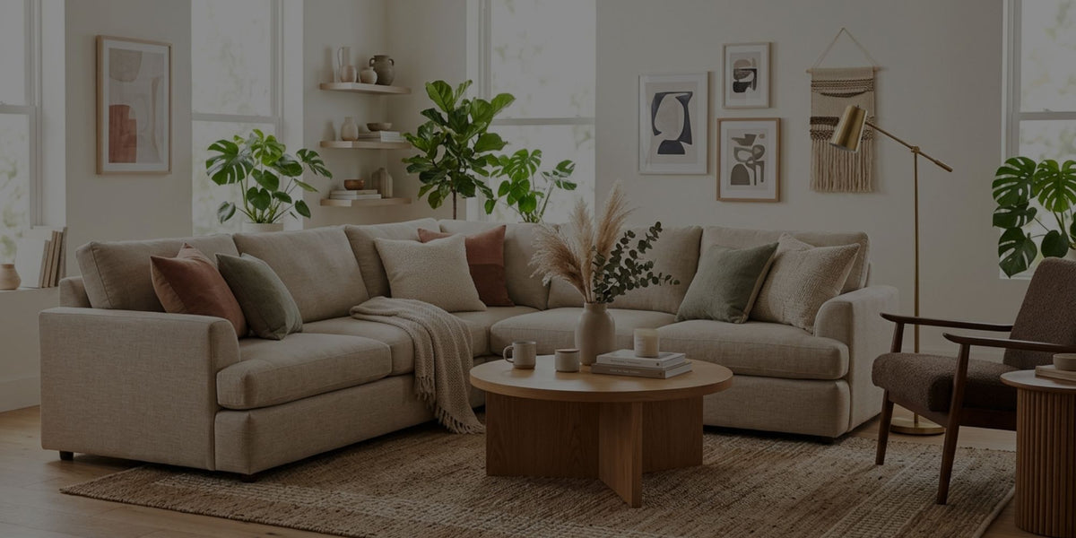 A large beige sectional sofa in a bright, modern living room with a round wooden coffee table, plants, and neutral-toned decor.
