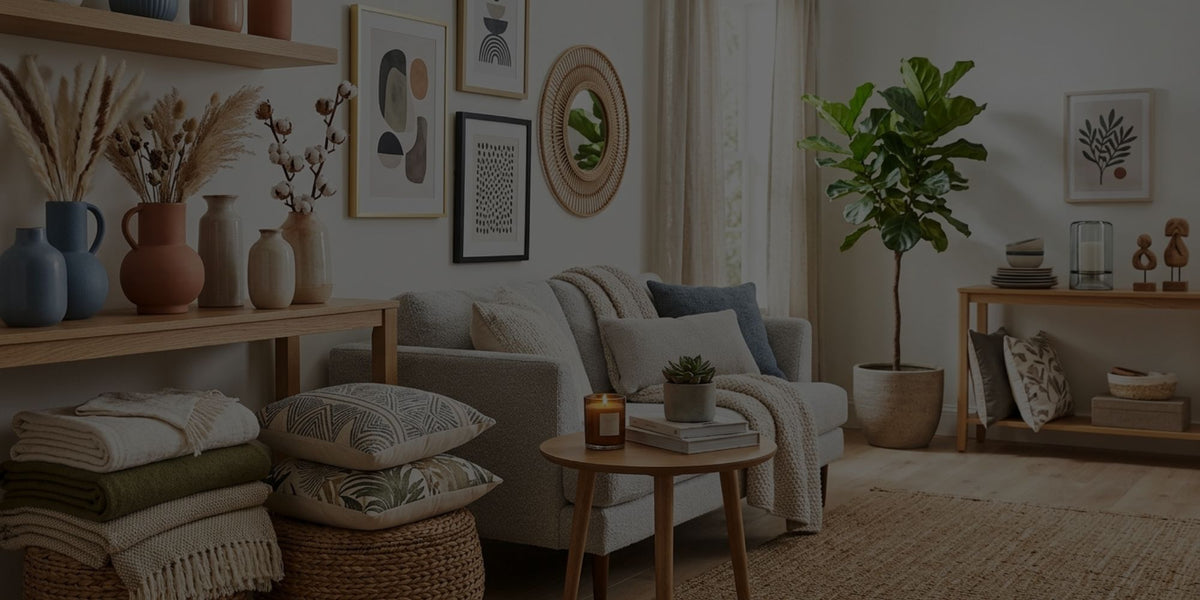 A cozy, modern living room interior featuring a light gray sofa with neutral-toned cushions, a small round wooden coffee table, a shelving unit with ceramic vases and dried grasses, and a large potted green plant.