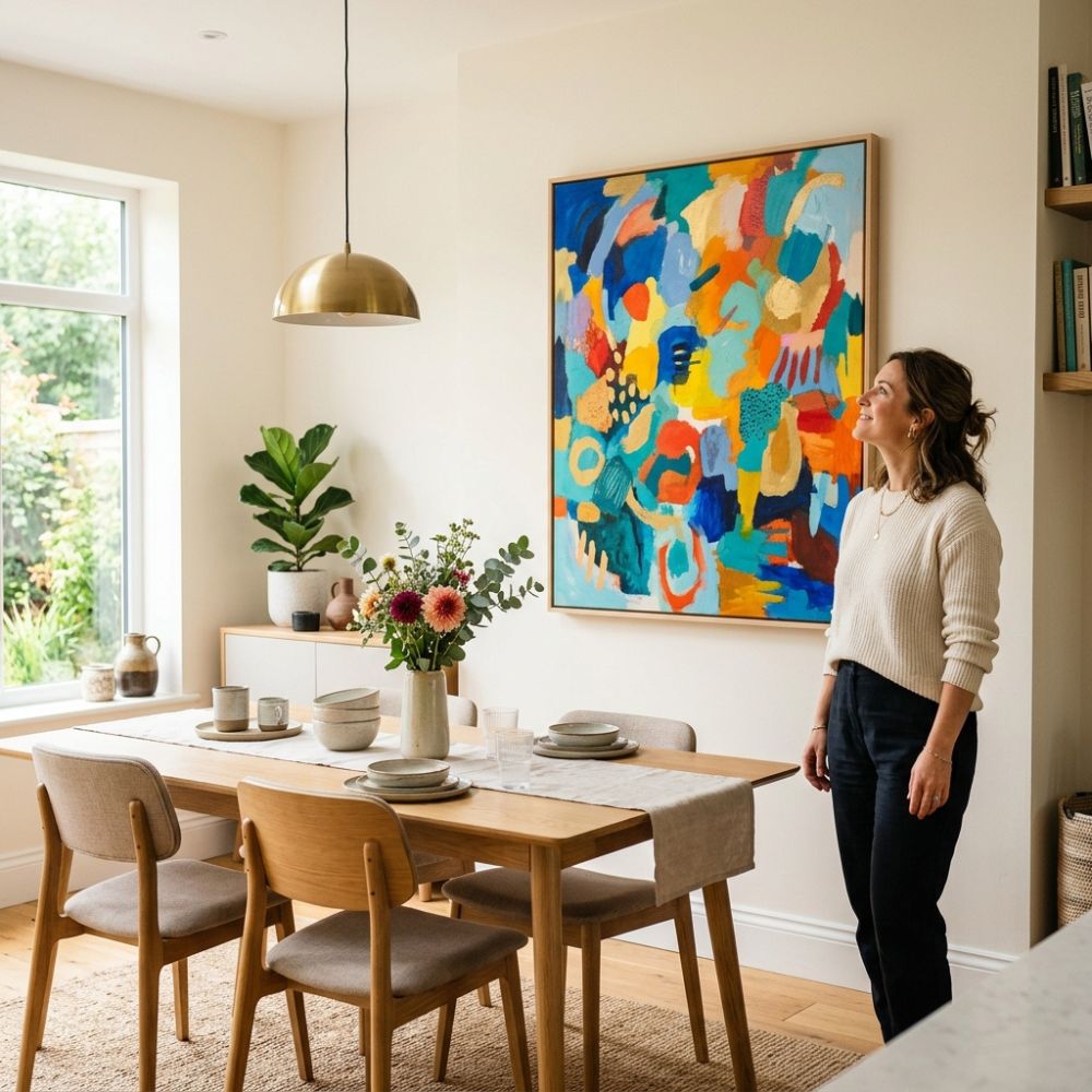 A woman stands in a bright dining room looking at a large framed abstract painting on the wall. The room features a wooden dining table, chairs, a gold pendant light, and a window on the left.