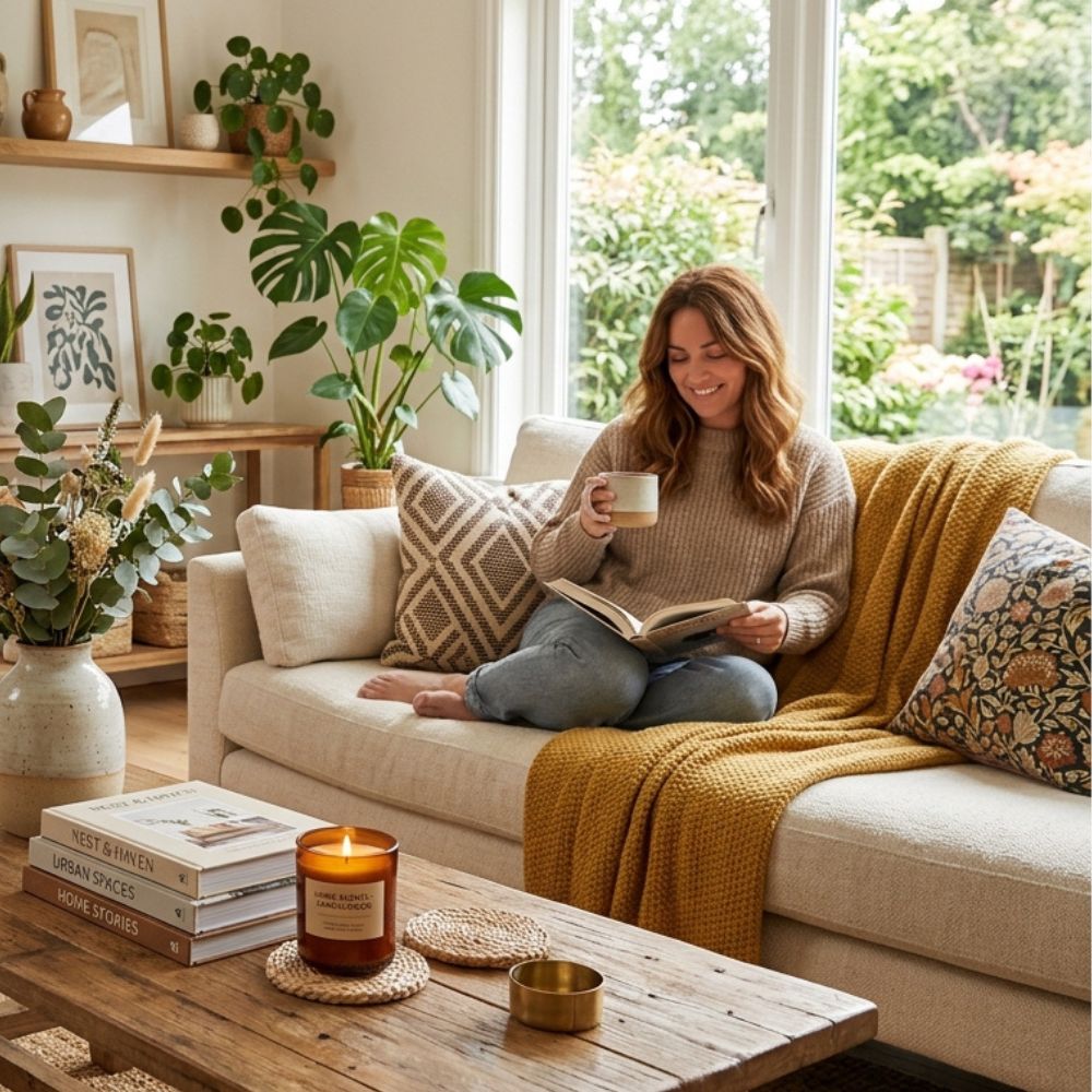 A woman sits on a cream sofa in a bright, plant-filled living room, reading a book and holding a mug. A mustard yellow knit throw blanket is draped over the sofa, with a wooden coffee table in the foreground holding a lit candle and books.