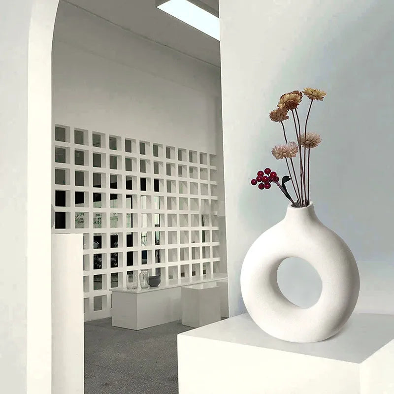 Nordic Circular Hollow Ceramic Donut Vase Home Decor