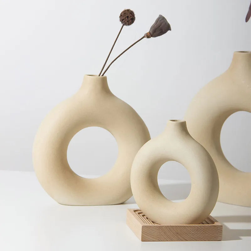 Nordic Circular Hollow Ceramic Donut Vase Home Decor