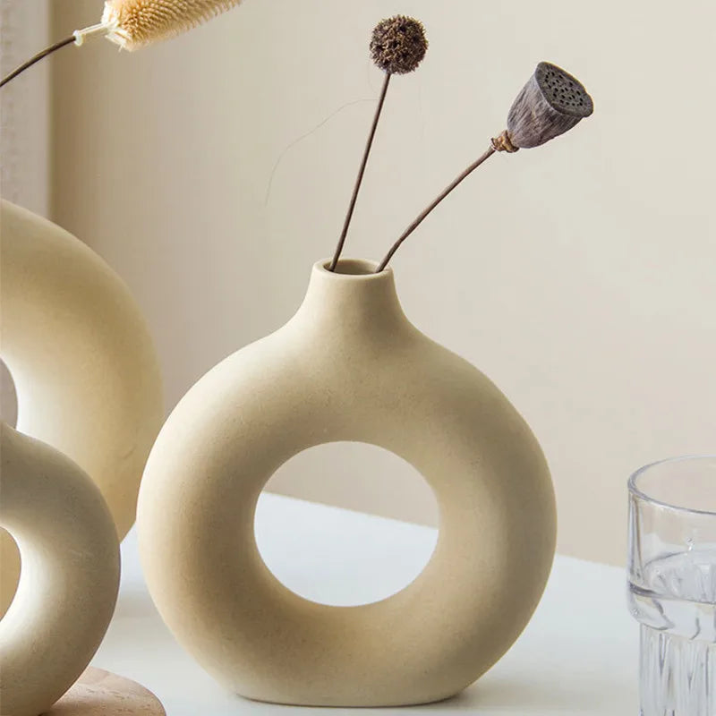 Nordic Circular Hollow Ceramic Donut Vase Home Decor