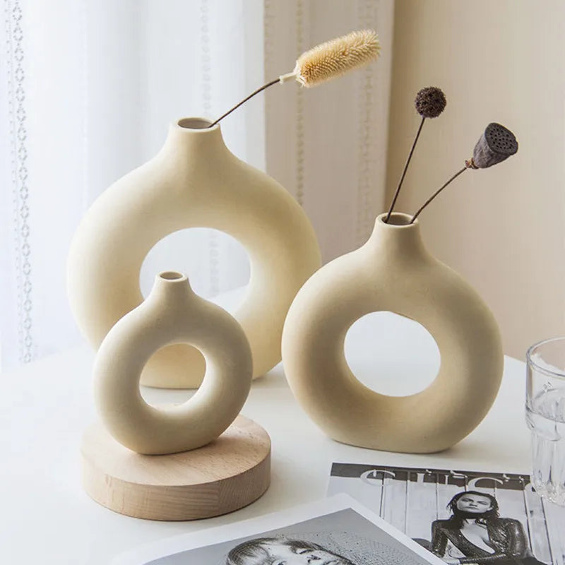 Nordic Circular Hollow Ceramic Donut Vase Home Decor