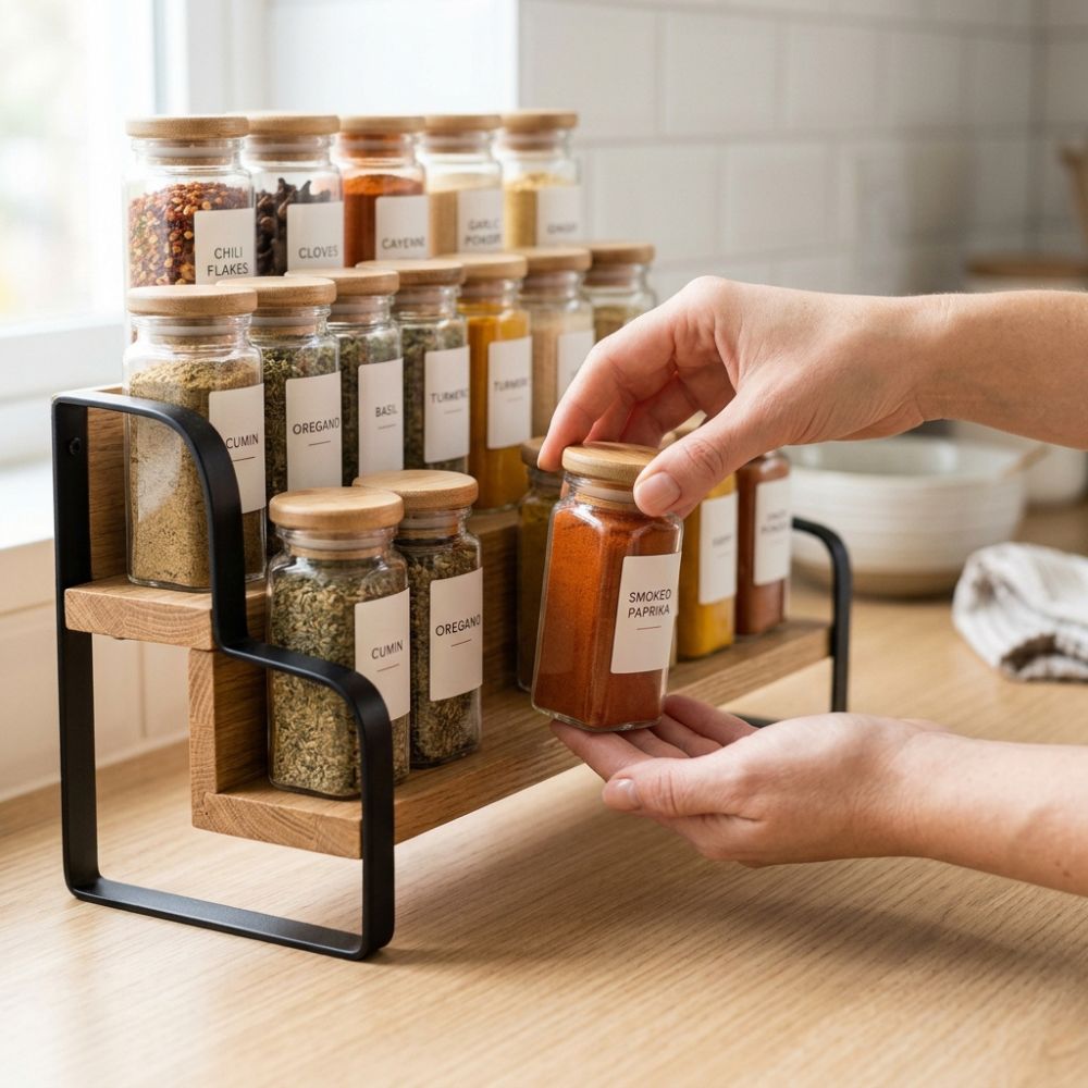 A wooden spice rack with black metal supports holds multiple glass jars of spices on a light wood countertop in a bright kitchen. Two hands are visible holding one spice jar, and the background shows a softly blurred kitchen setting.