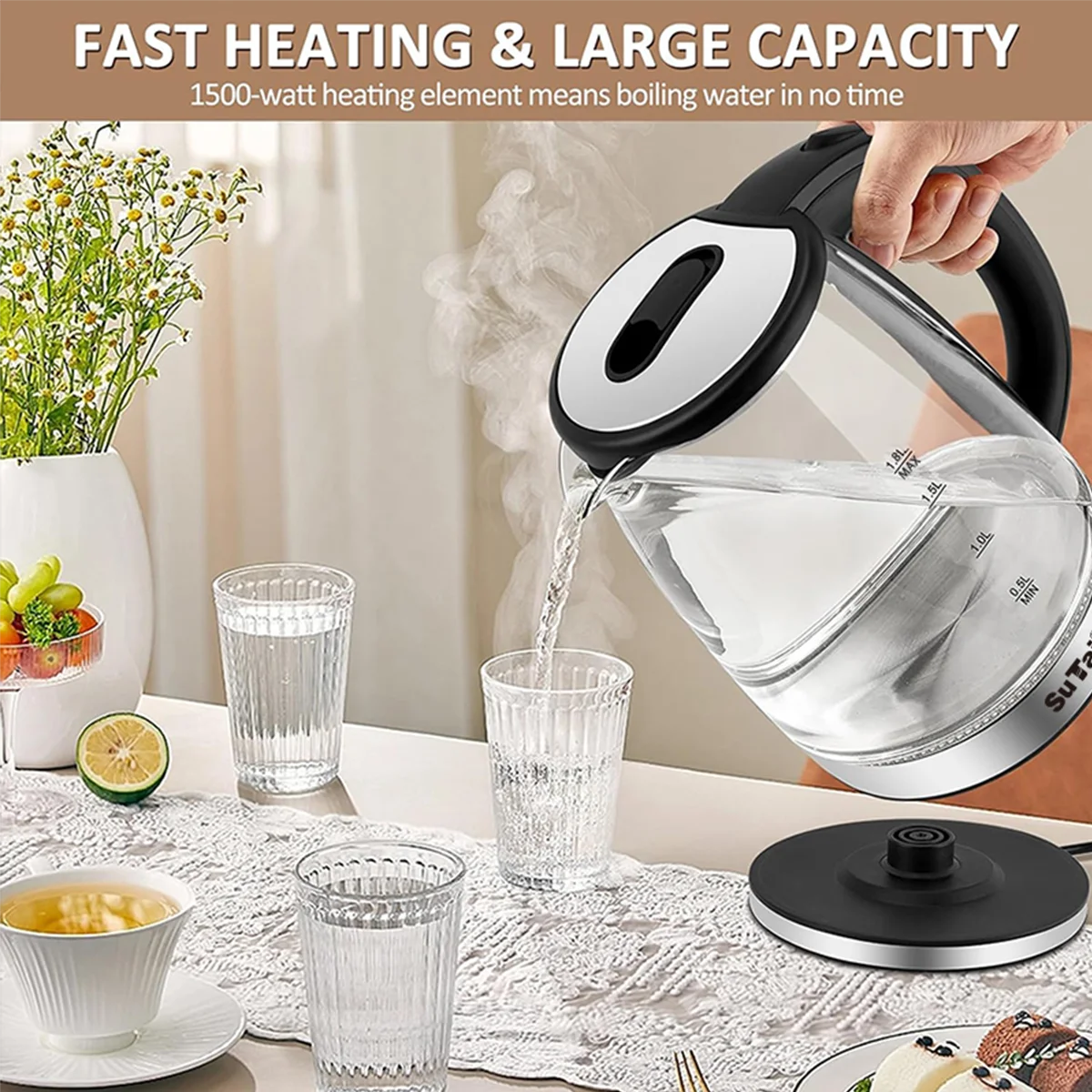 1.8L Electric Glass Kettle With LED Blue Light