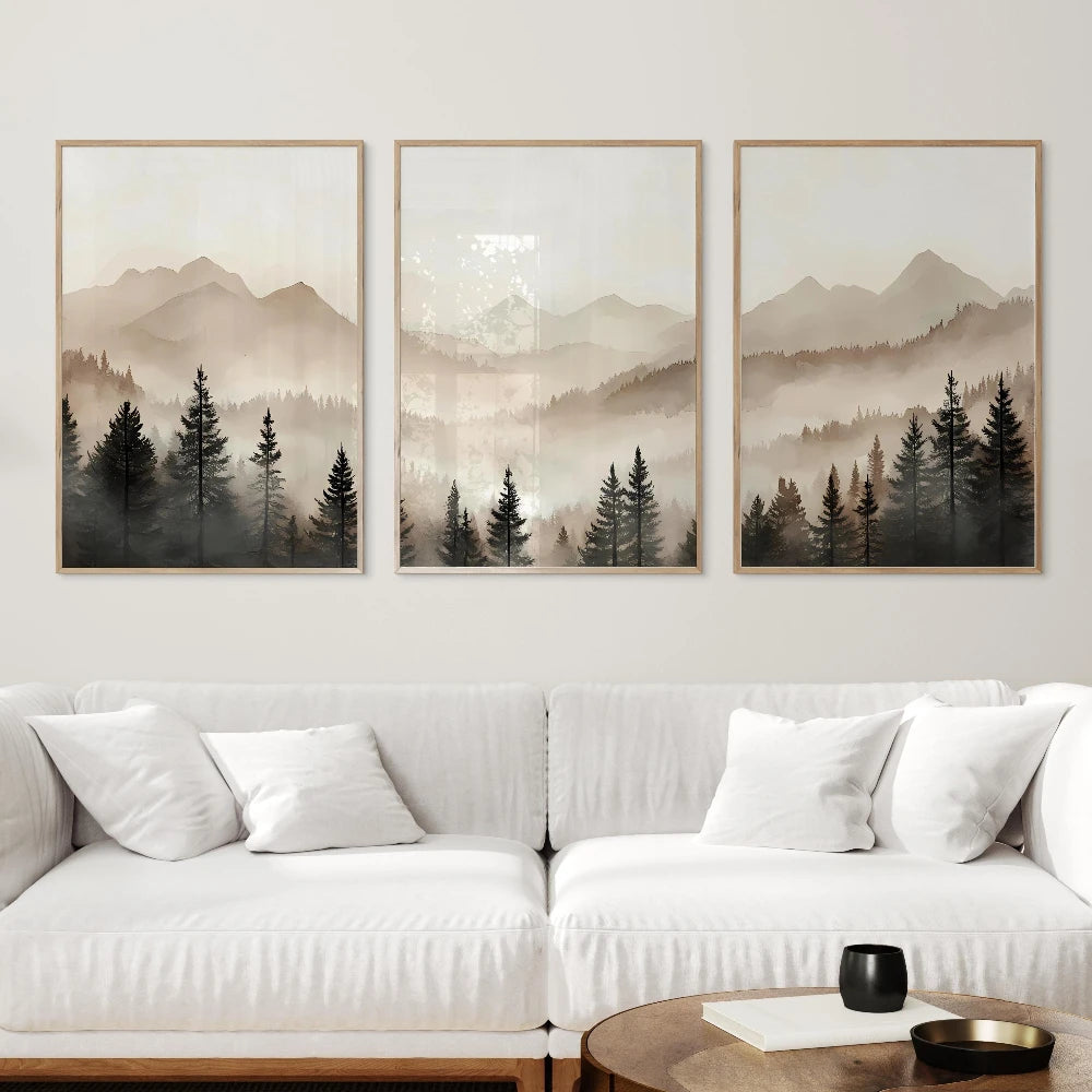 Abstract Forest Mountain Triptych Minimalist Neutral Landscape Wall