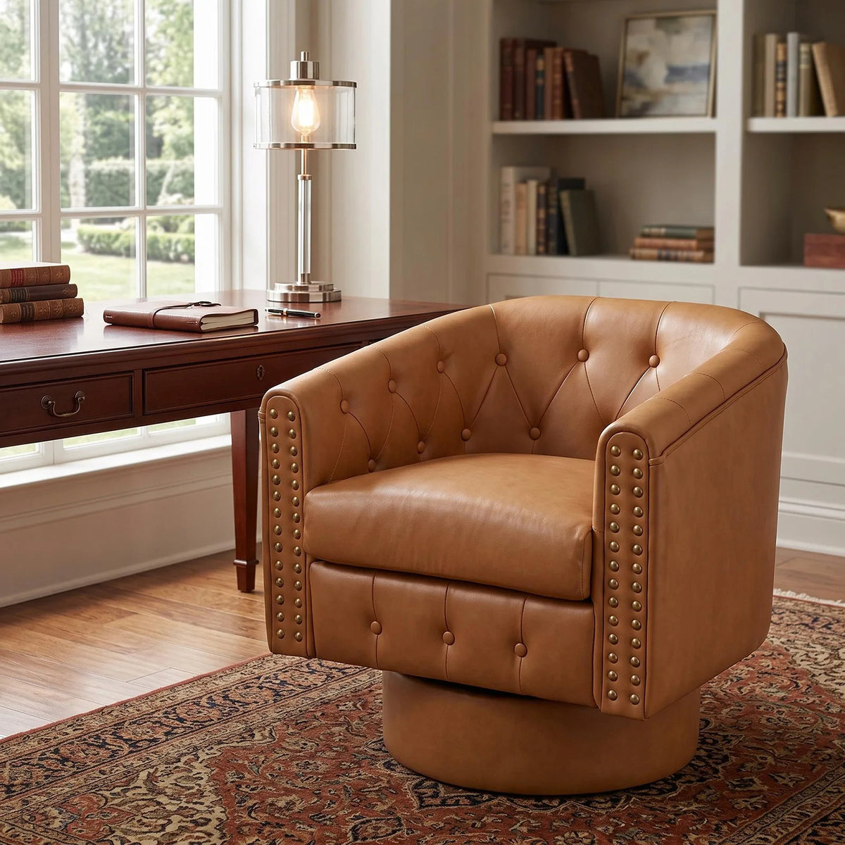Swivel Barrel Accent Chair 360° Leather Lounge Armchair With Rivets, Curved Back Soft Cushion For Living Room Bedroom Office Use