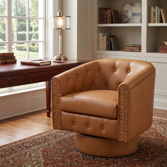 Swivel Barrel Accent Chair 360° Leather Lounge Armchair With Rivets, Curved Back Soft Cushion For Living Room Bedroom Office Use