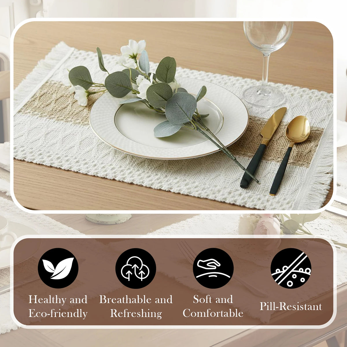 12PCS Beige Cotton Linen Tassel Placemats For Dining