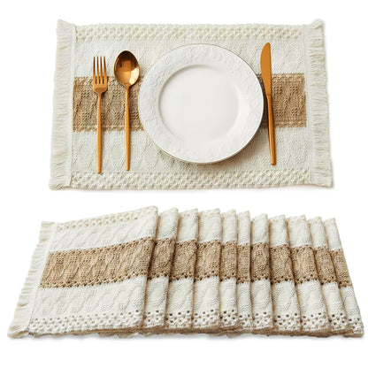 12PCS Beige Cotton Linen Tassel Placemats For Dining