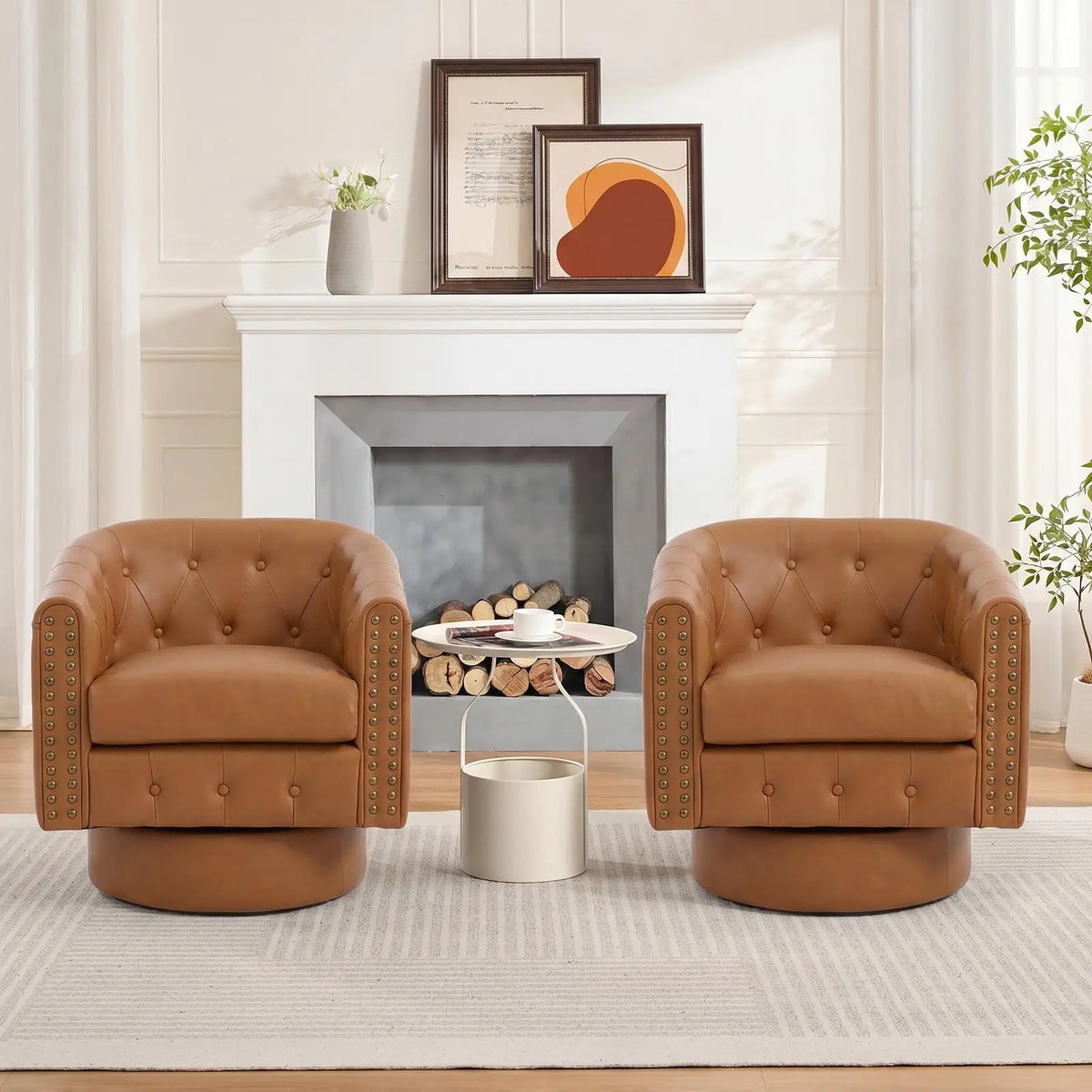 Swivel Barrel Accent Chair 360° Leather Lounge Armchair With Rivets, Curved Back Soft Cushion For Living Room Bedroom Office Use