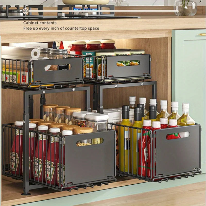 2 Tier Slide Out Cabinet Organizer Adjustable Metal Shelves