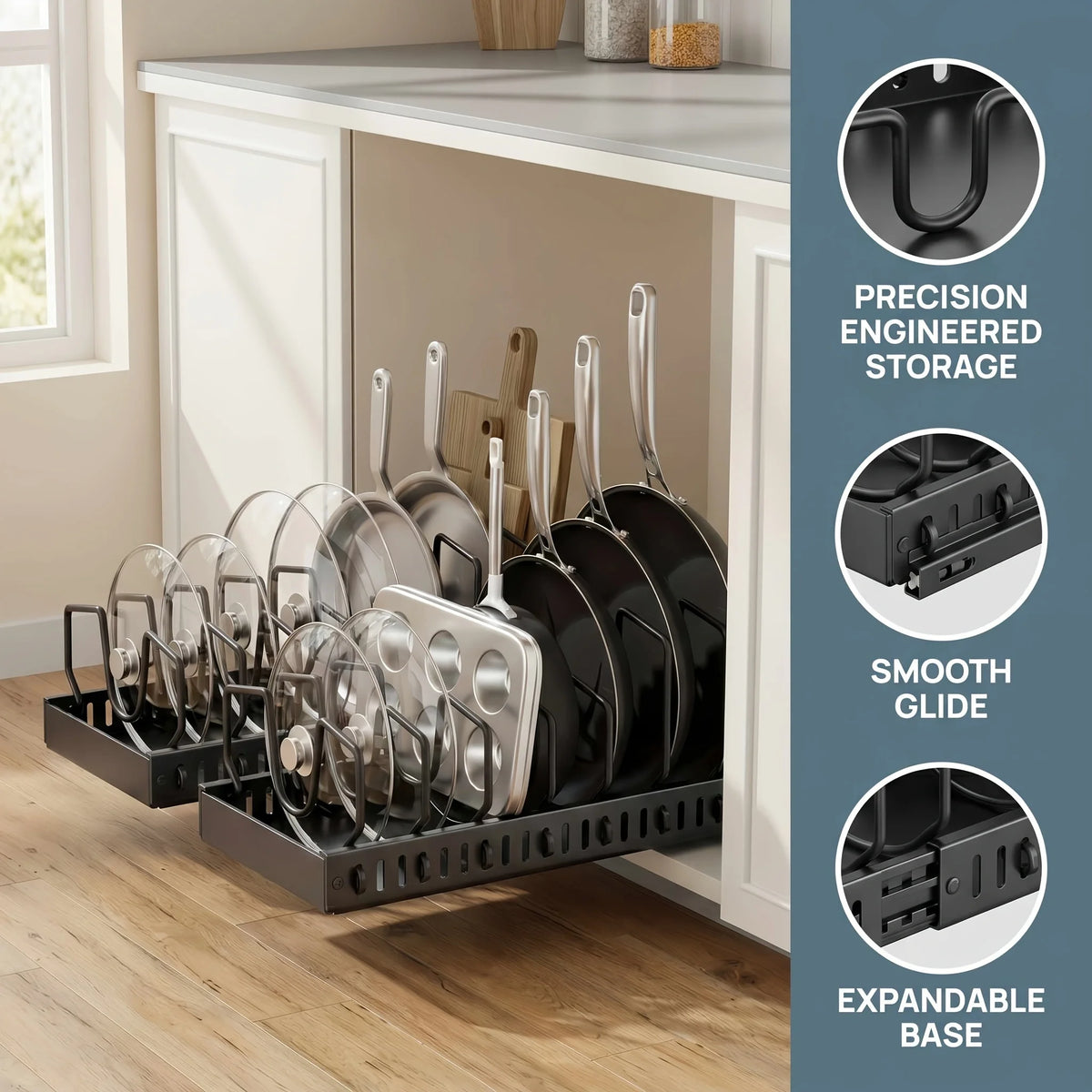 Pull Out Cabinet Organizer With Adjustable Dividers For Cookware