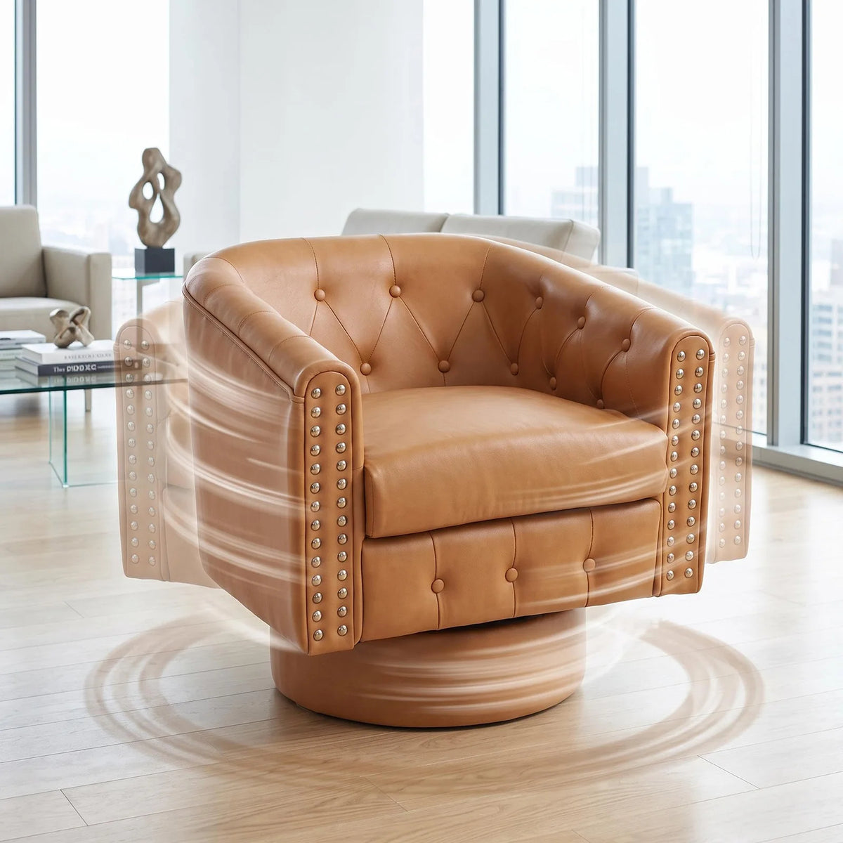 Swivel Barrel Accent Chair 360° Leather Lounge Armchair With Rivets, Curved Back Soft Cushion For Living Room Bedroom Office Use