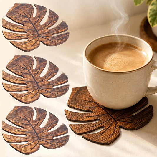 Wooden Monstera Leaf Coasters Heat Resistant Rustic Table