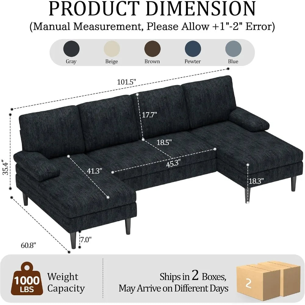 U-Shaped Sectional Couch, 101" Modular Sofa with Double Chaise, Chenille Fabric, Grey