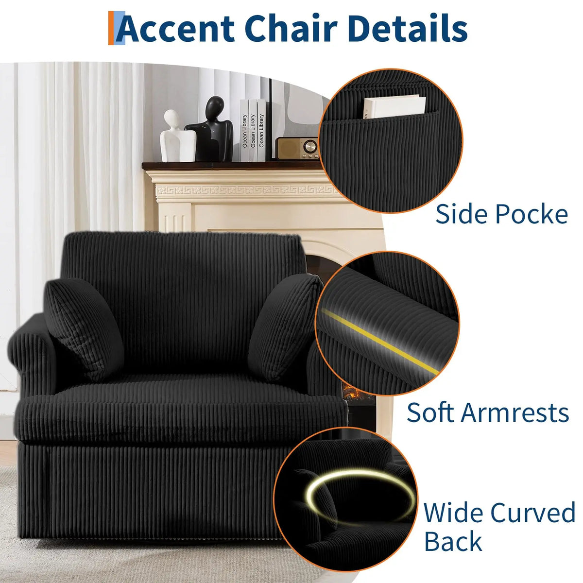 39-Inch 360 Swivel Accent Chair, Large Corduroy Barrel Armchair & 2 Pillows, Storage Pockets For Living Room Bedroom Home Office
