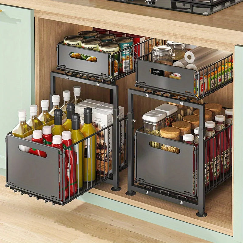 2 Tier Slide Out Cabinet Organizer Adjustable Metal Shelves