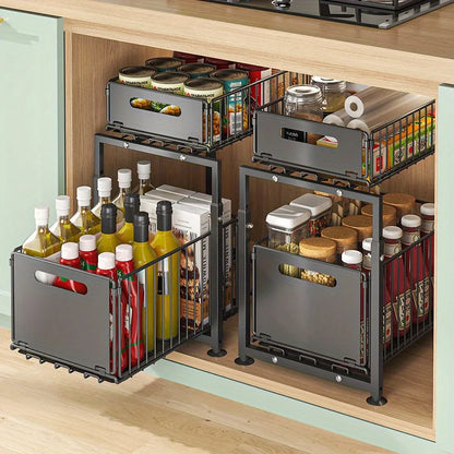 2 Tier Slide Out Cabinet Organizer Adjustable Metal Shelves