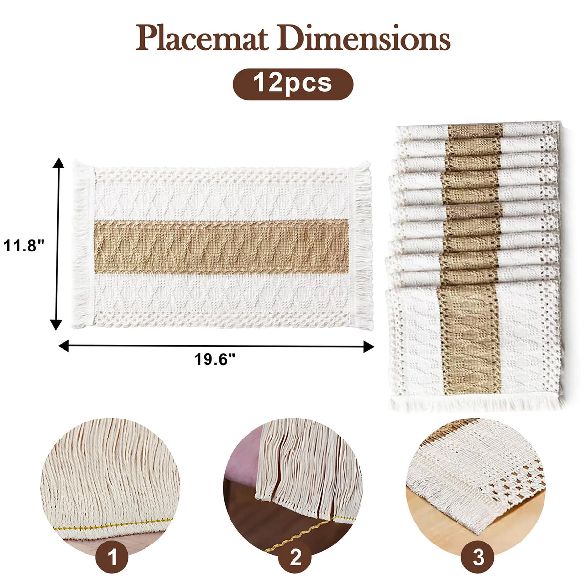 12PCS Beige Cotton Linen Tassel Placemats For Dining