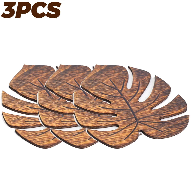 Wooden Monstera Leaf Coasters Heat Resistant Rustic Table