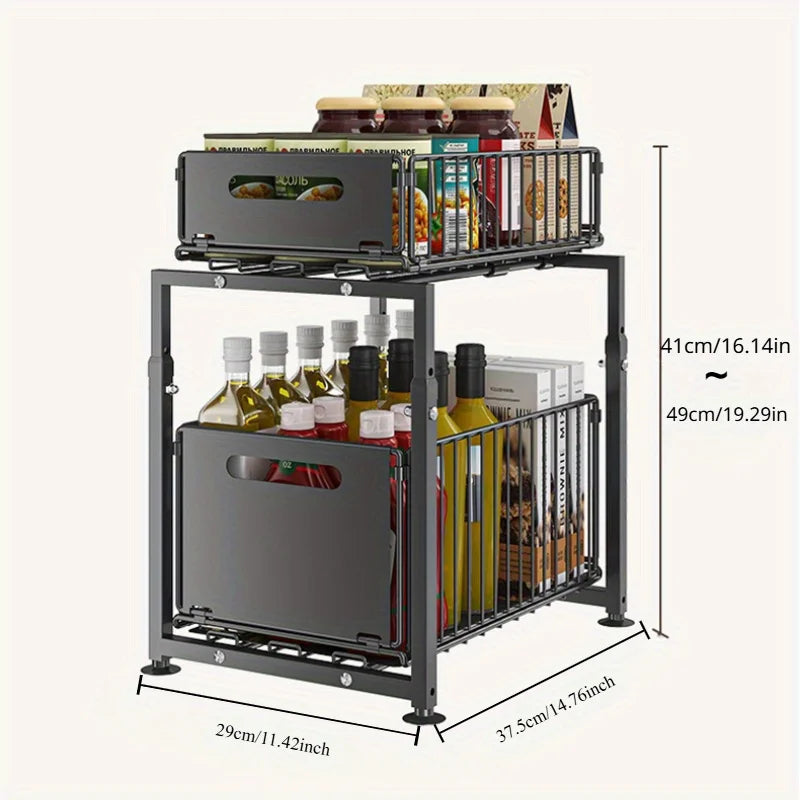 2 Tier Slide Out Cabinet Organizer Adjustable Metal Shelves