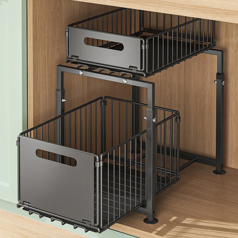 2 Tier Slide Out Cabinet Organizer Adjustable Metal Shelves