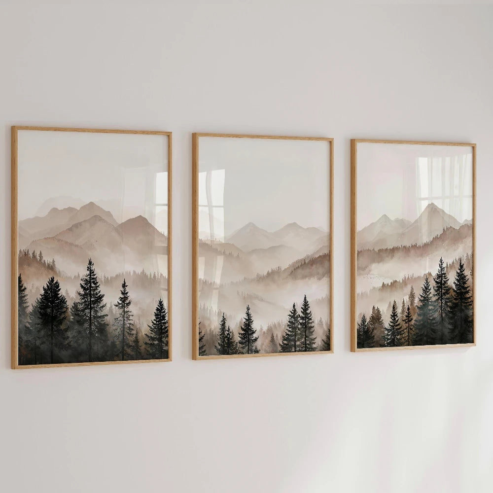 Abstract Forest Mountain Triptych Minimalist Neutral Landscape Wall