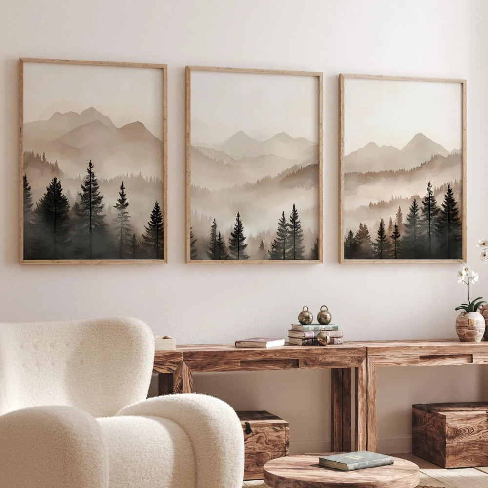 Abstract Forest Mountain Triptych Minimalist Neutral Landscape Wall