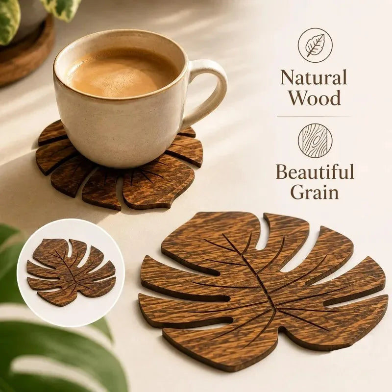 Wooden Monstera Leaf Coasters Heat Resistant Rustic Table