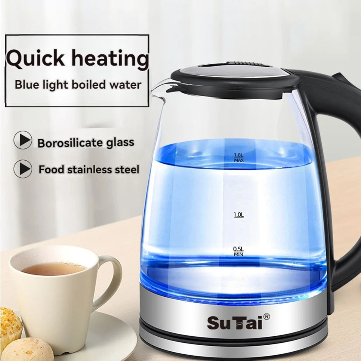 1.8L Electric Glass Kettle With LED Blue Light
