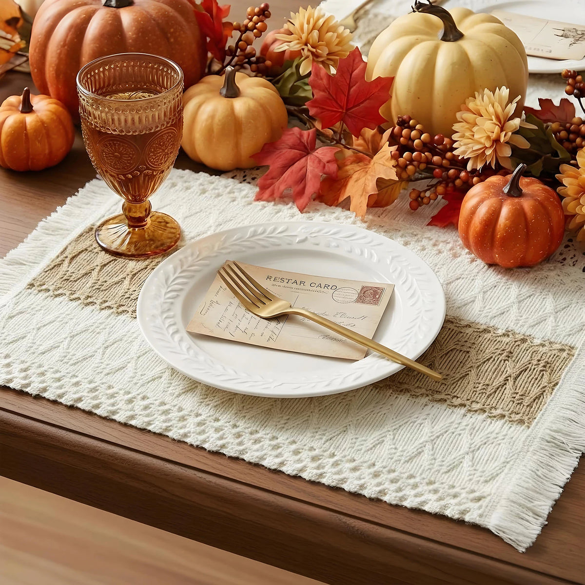 12PCS Beige Cotton Linen Tassel Placemats For Dining
