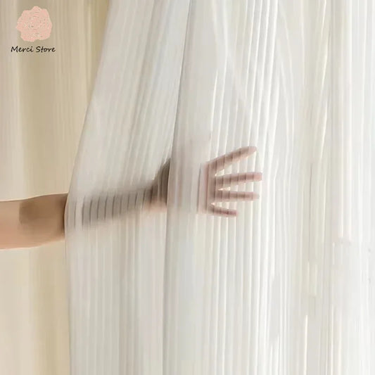 Striped White Sheer Tulle Curtains For Window Privacy