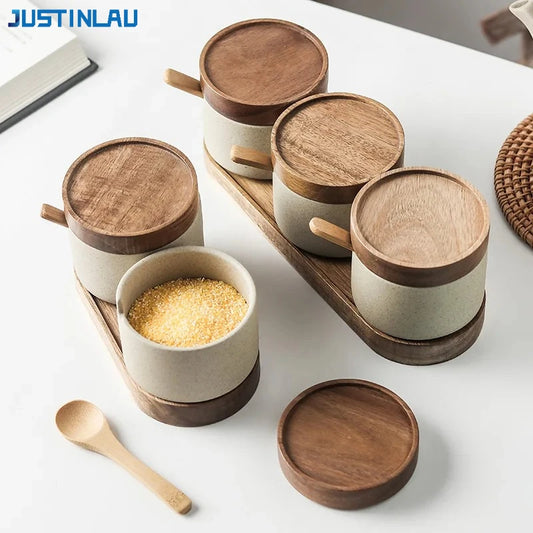 Ceramic Japanese Seasoning Jar With Bamboo Lid Spoon