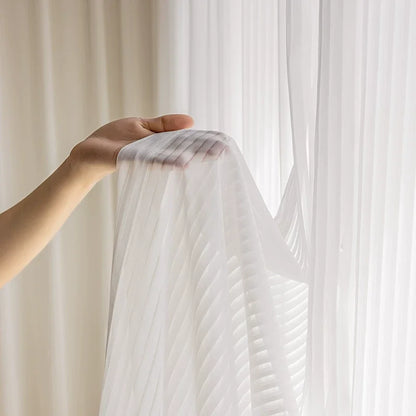 Striped White Sheer Tulle Curtains For Window Privacy