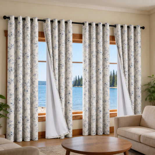 Blue Floral Blackout Thermal Insulated Curtains Four Panels