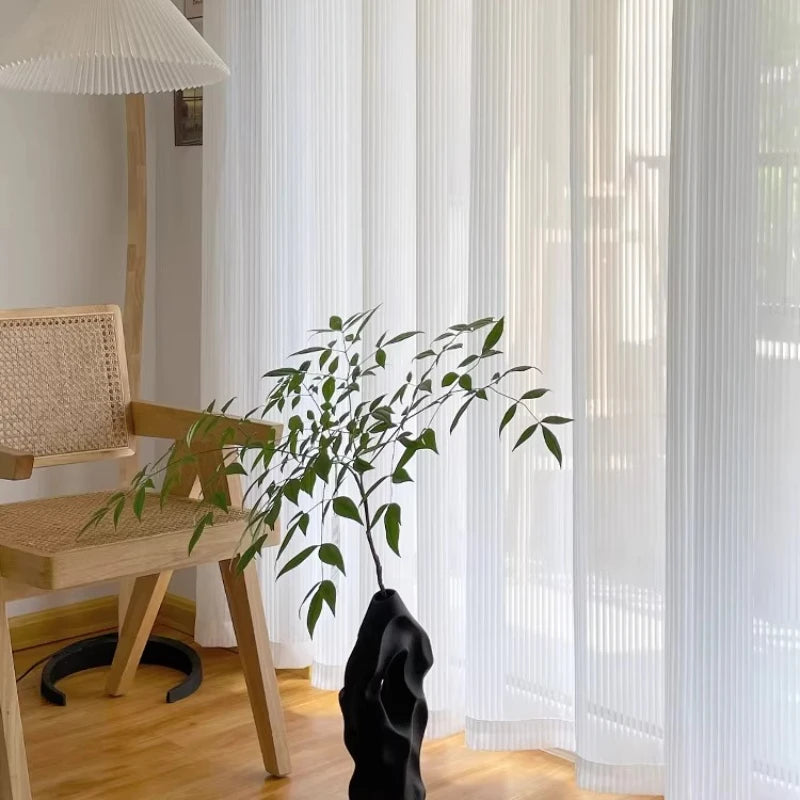 Striped White Sheer Tulle Curtains For Window Privacy