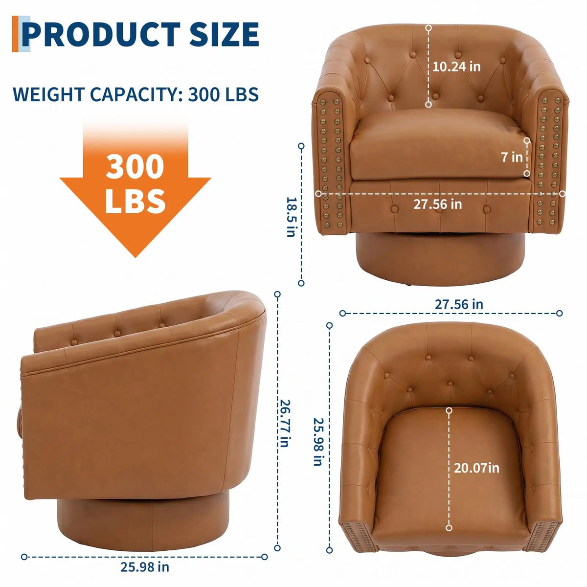 Swivel Barrel Accent Chair 360° Leather Lounge Armchair With Rivets, Curved Back Soft Cushion For Living Room Bedroom Office Use