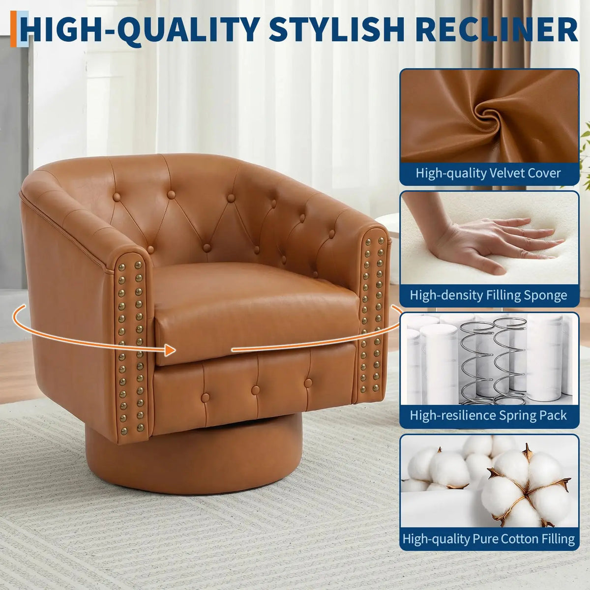 Swivel Barrel Accent Chair 360° Leather Lounge Armchair With Rivets, Curved Back Soft Cushion For Living Room Bedroom Office Use