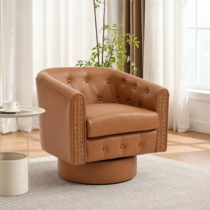 Swivel Barrel Accent Chair 360° Leather Lounge Armchair With Rivets, Curved Back Soft Cushion For Living Room Bedroom Office Use