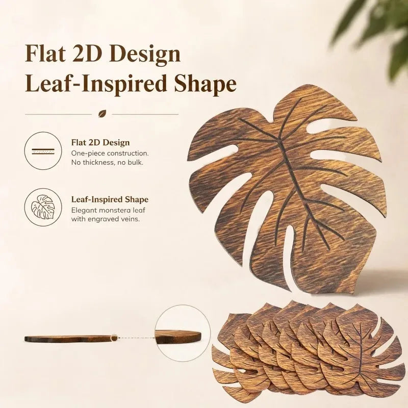 Wooden Monstera Leaf Coasters Heat Resistant Rustic Table