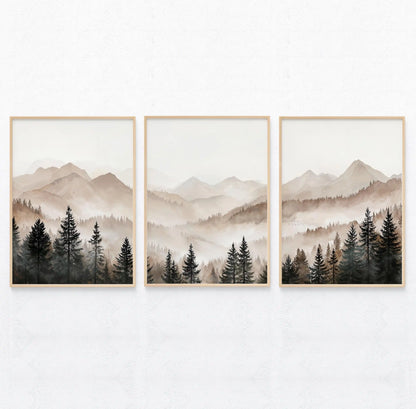 Abstract Forest Mountain Triptych Minimalist Neutral Landscape Wall