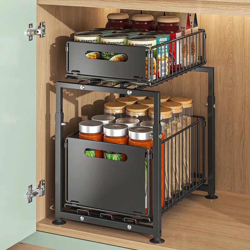 2 Tier Slide Out Cabinet Organizer Adjustable Metal Shelves