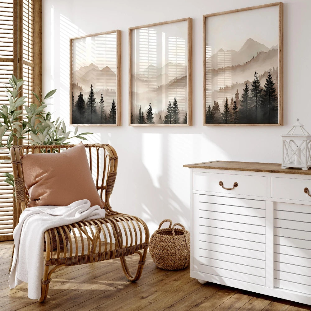 Abstract Forest Mountain Triptych Minimalist Neutral Landscape Wall