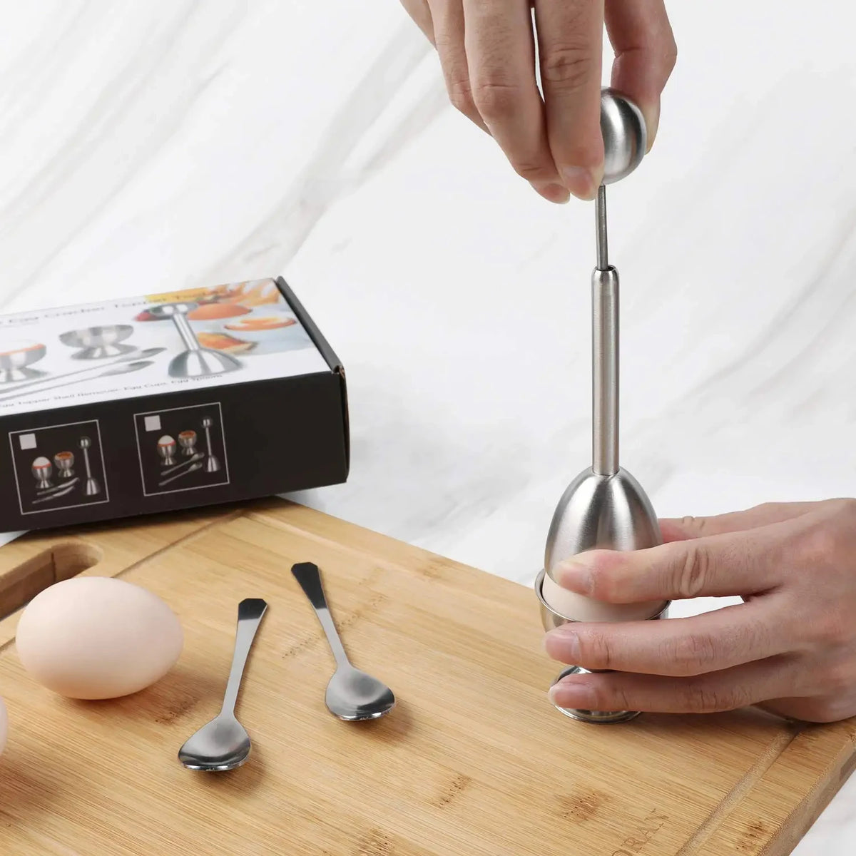 Stainless Steel Egg Opener Set With Tray Spoons