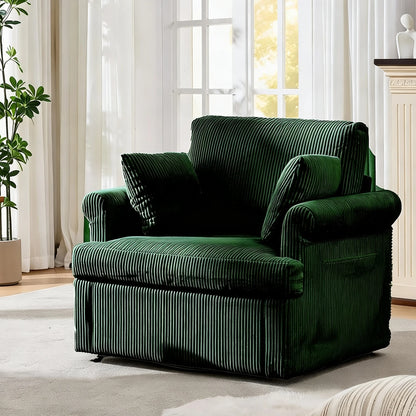 39-Inch 360 Swivel Accent Chair, Large Corduroy Barrel Armchair & 2 Pillows, Storage Pockets For Living Room Bedroom Home Office