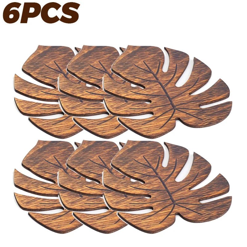 Wooden Monstera Leaf Coasters Heat Resistant Rustic Table