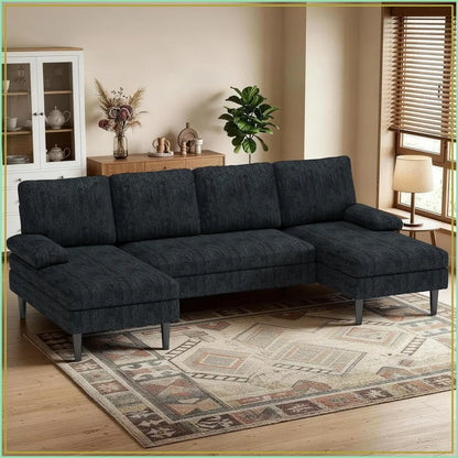 U-Shaped Sectional Couch, 101" Modular Sofa with Double Chaise, Chenille Fabric, Grey